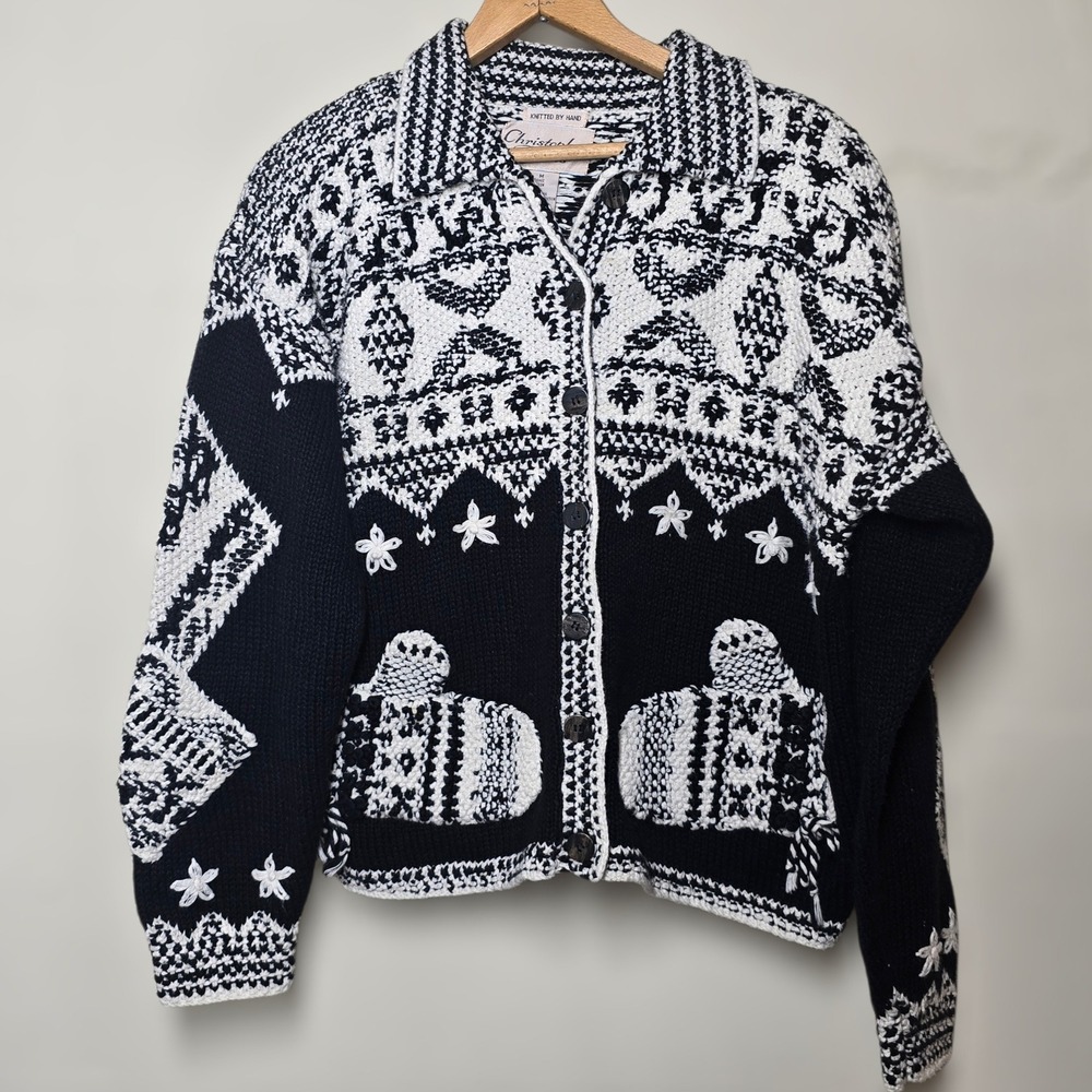 VTG Christopher &‎ Banks Black White Hand Knit Christmas Sweater Shoulder pads M
